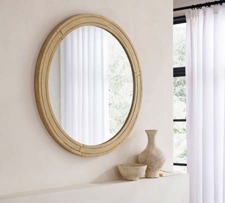 Large round wood shop mirror